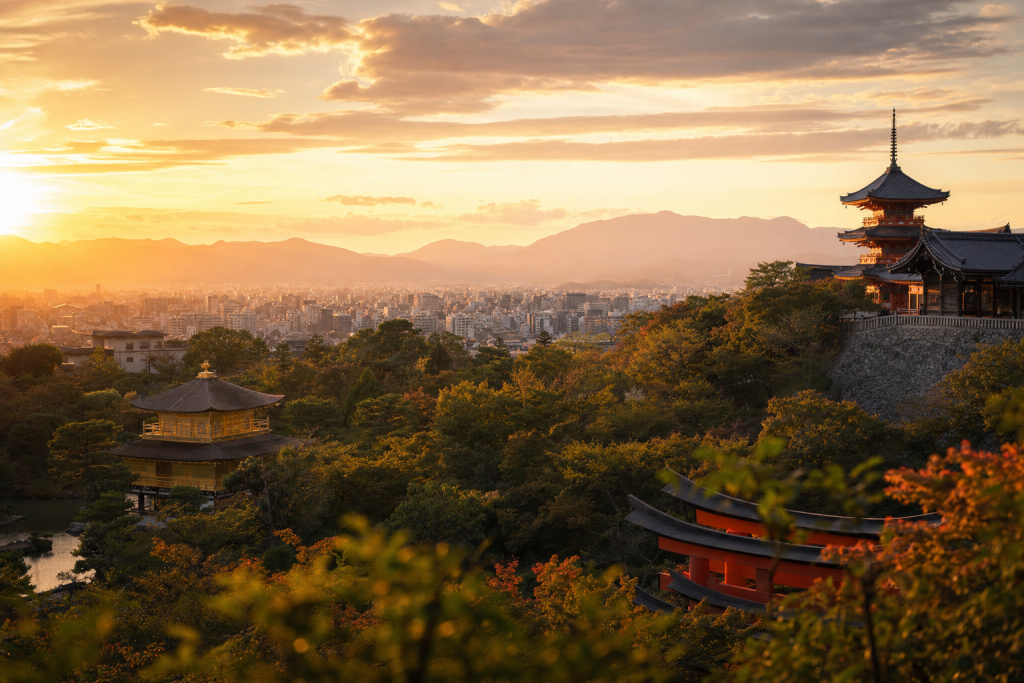 Kyoto skyline at golden hour with iconic landmarks in warm light