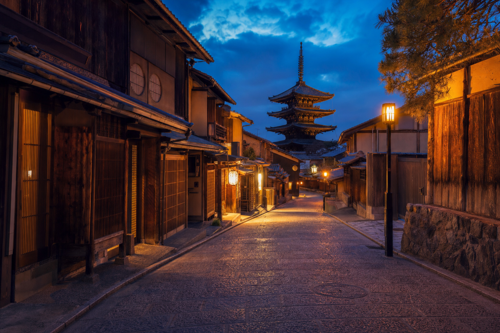 Kyoto street photography at blue hour with leading lines and architectural detail