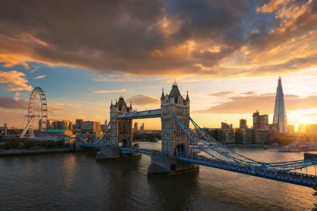 London skyline at golden hour with iconic landmarks in warm light