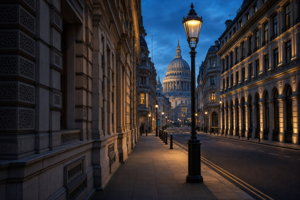 London street photography at blue hour with leading lines and architectural detail