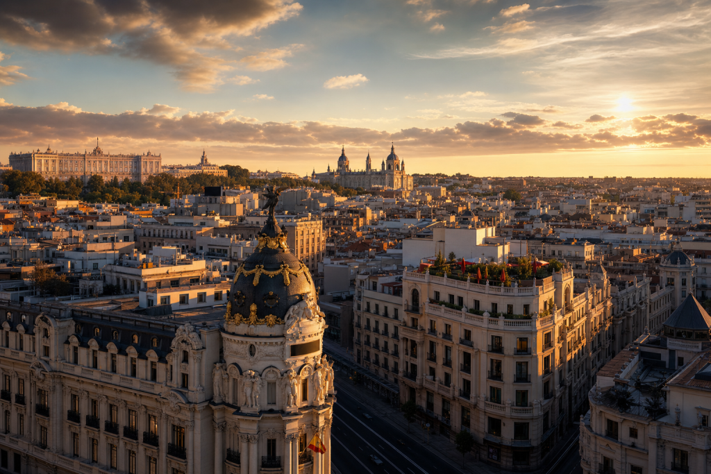Madrid skyline at golden hour with iconic landmarks in warm light