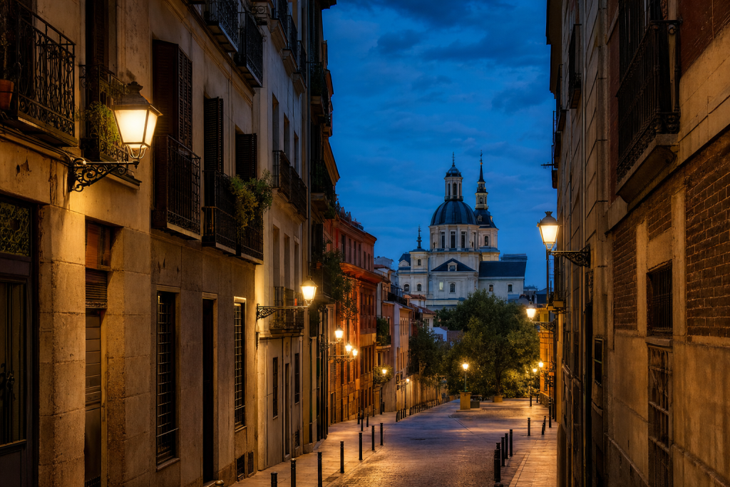 Madrid street photography at blue hour with leading lines and architectural detail