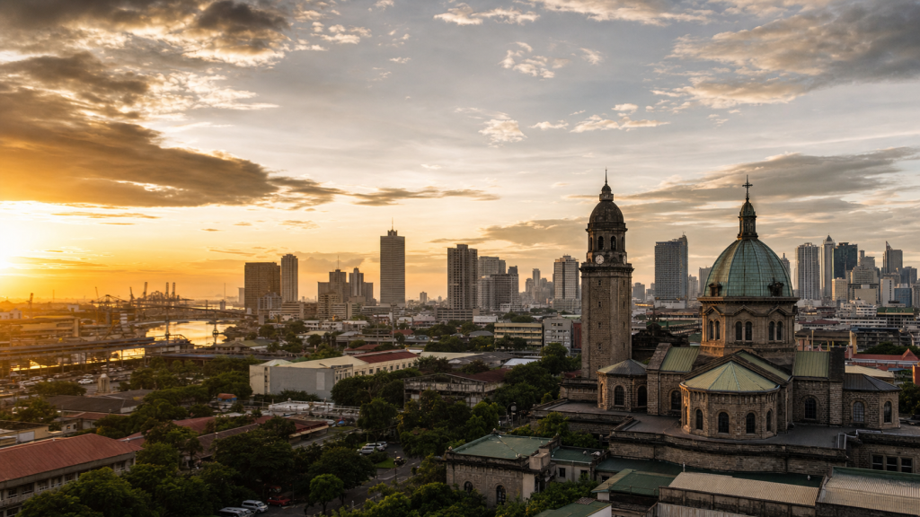 Manila skyline at golden hour with iconic landmarks in warm light