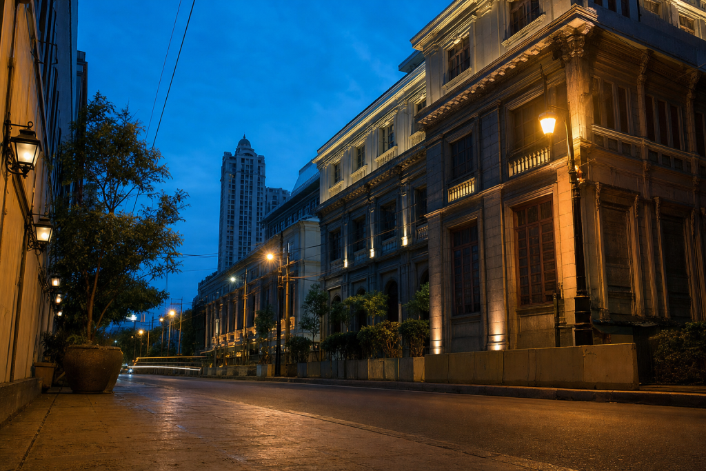 Manila street photography at blue hour with leading lines and architectural detail