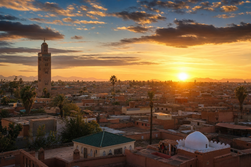 Marrakech skyline at golden hour with iconic landmarks in warm light