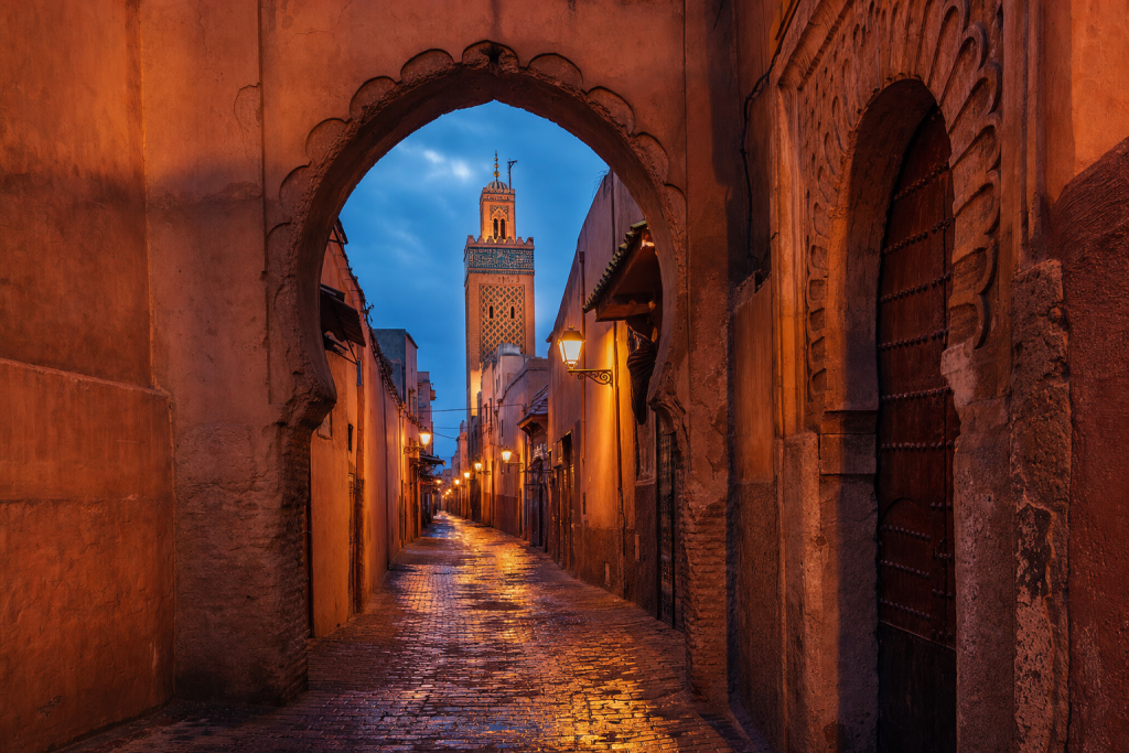 Marrakech street photography at blue hour with leading lines and architectural detail
