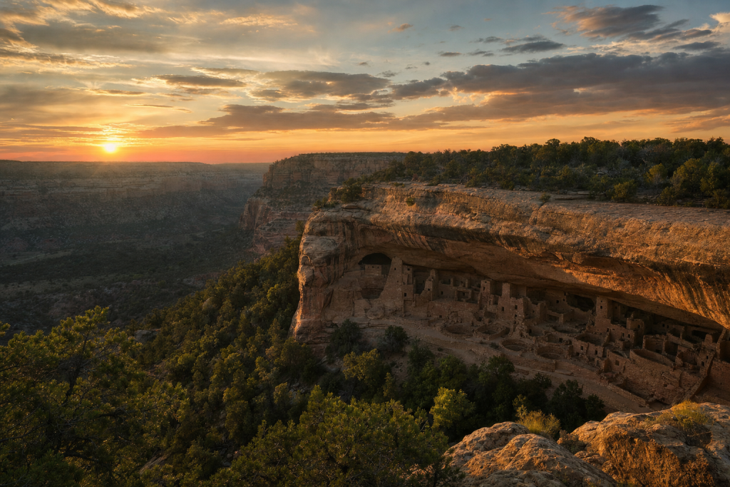Mesa Verde at golden hour, iconic landmarks visible, dramatic warm light