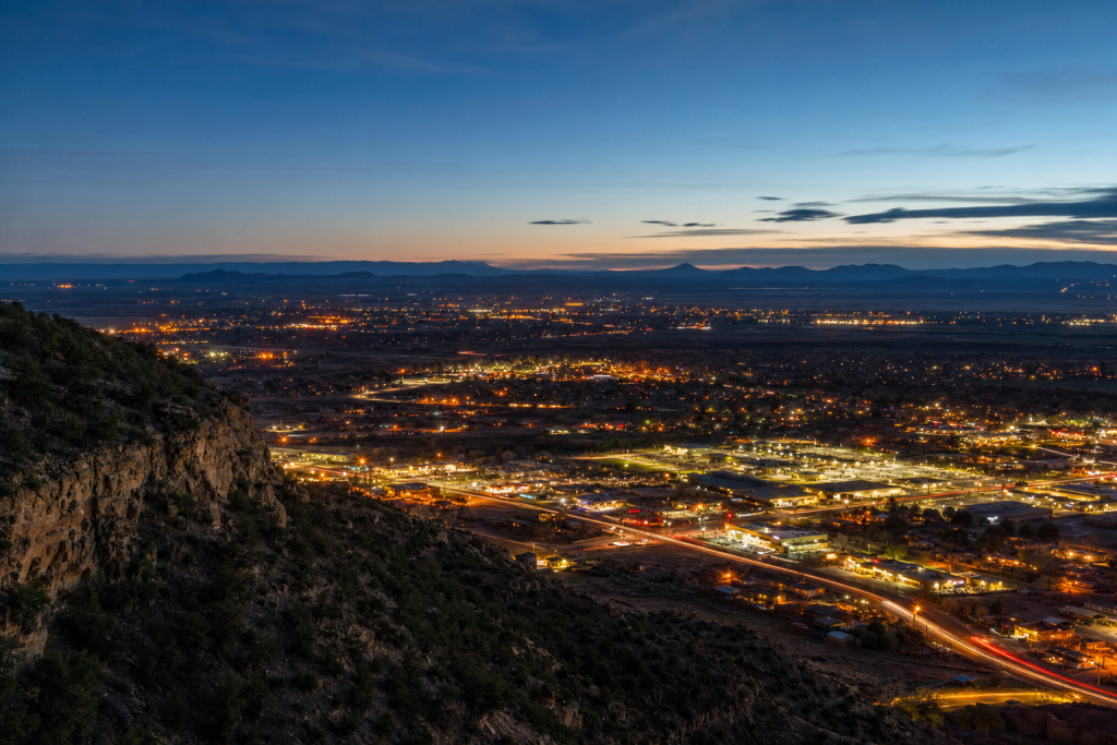 High-vantage view of Mesa Verde during blue hour, glowing city lights, subtle motion blur in traffic