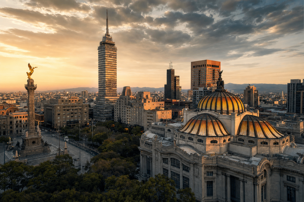Mexico City skyline at golden hour with iconic landmarks in warm light