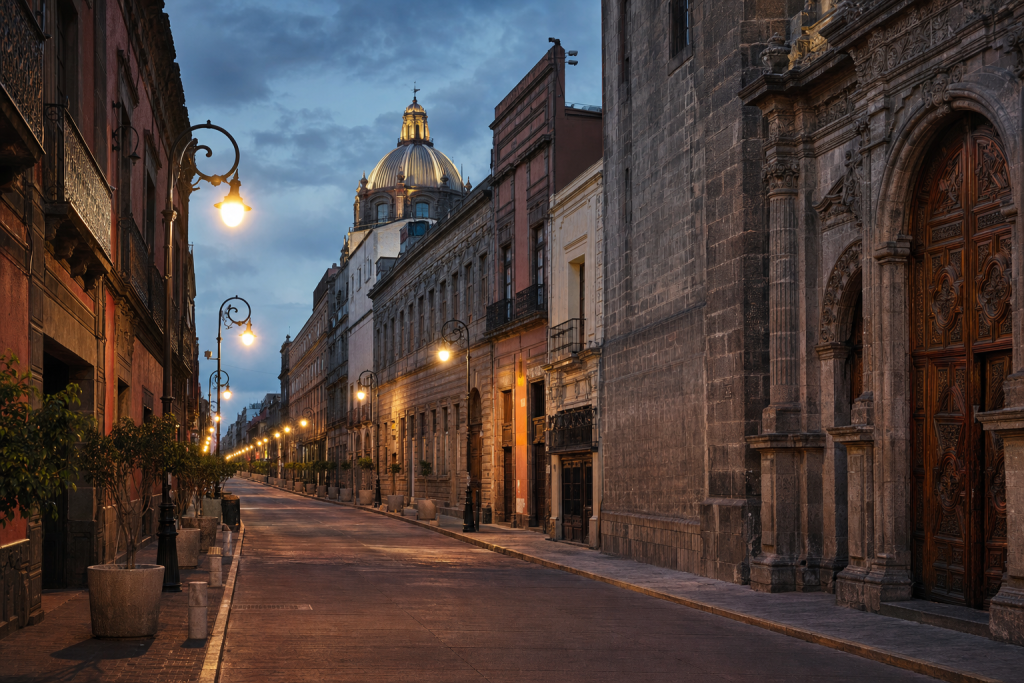 Street view in Mexico City, leading lines, architectural detail, blue hour with mixed ambient and street