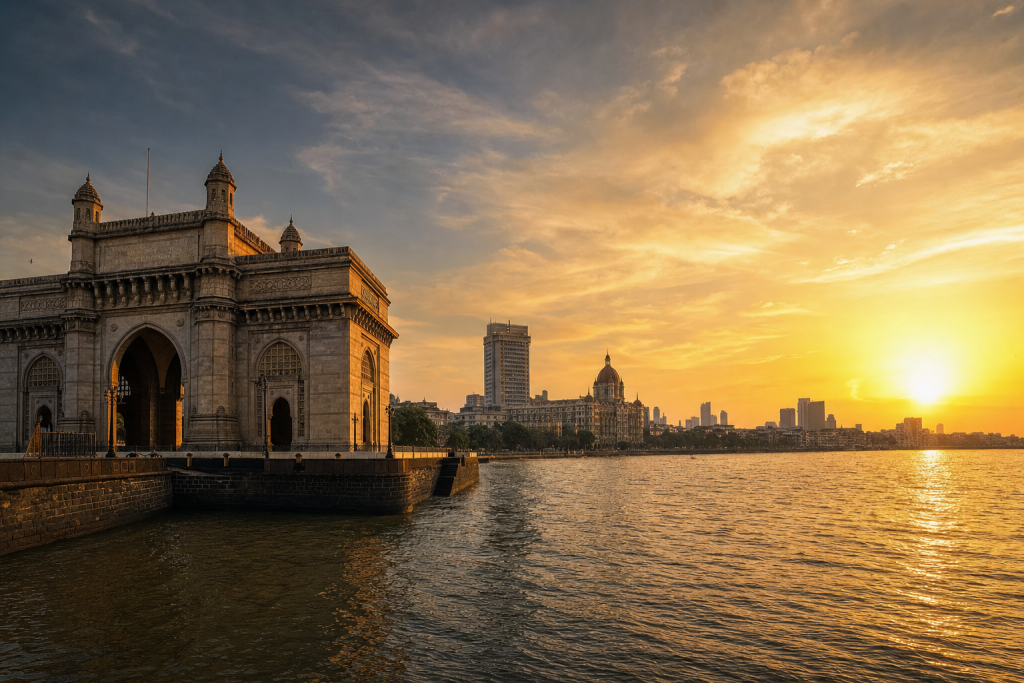 Mumbai skyline at golden hour with iconic landmarks in warm light