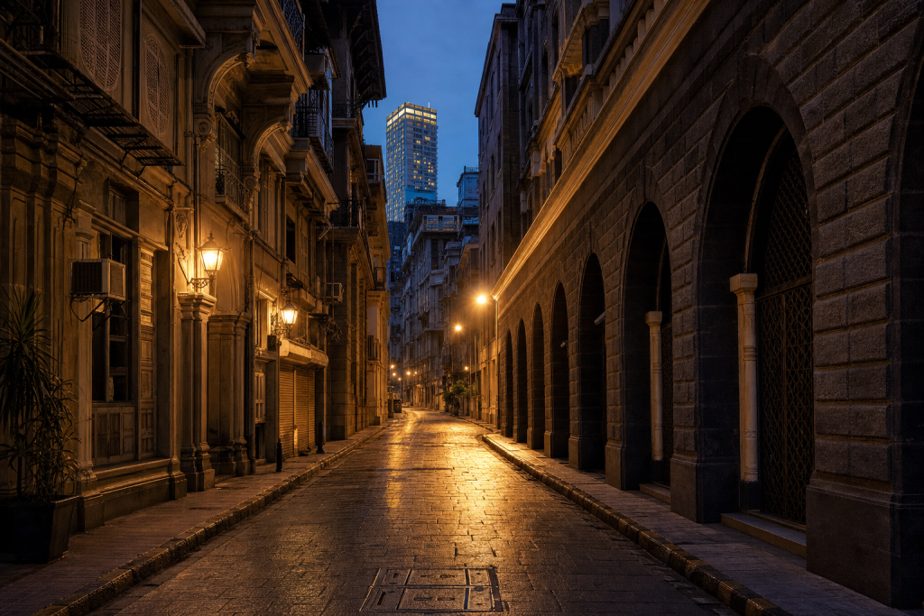Mumbai street photography at blue hour with leading lines and architectural detail