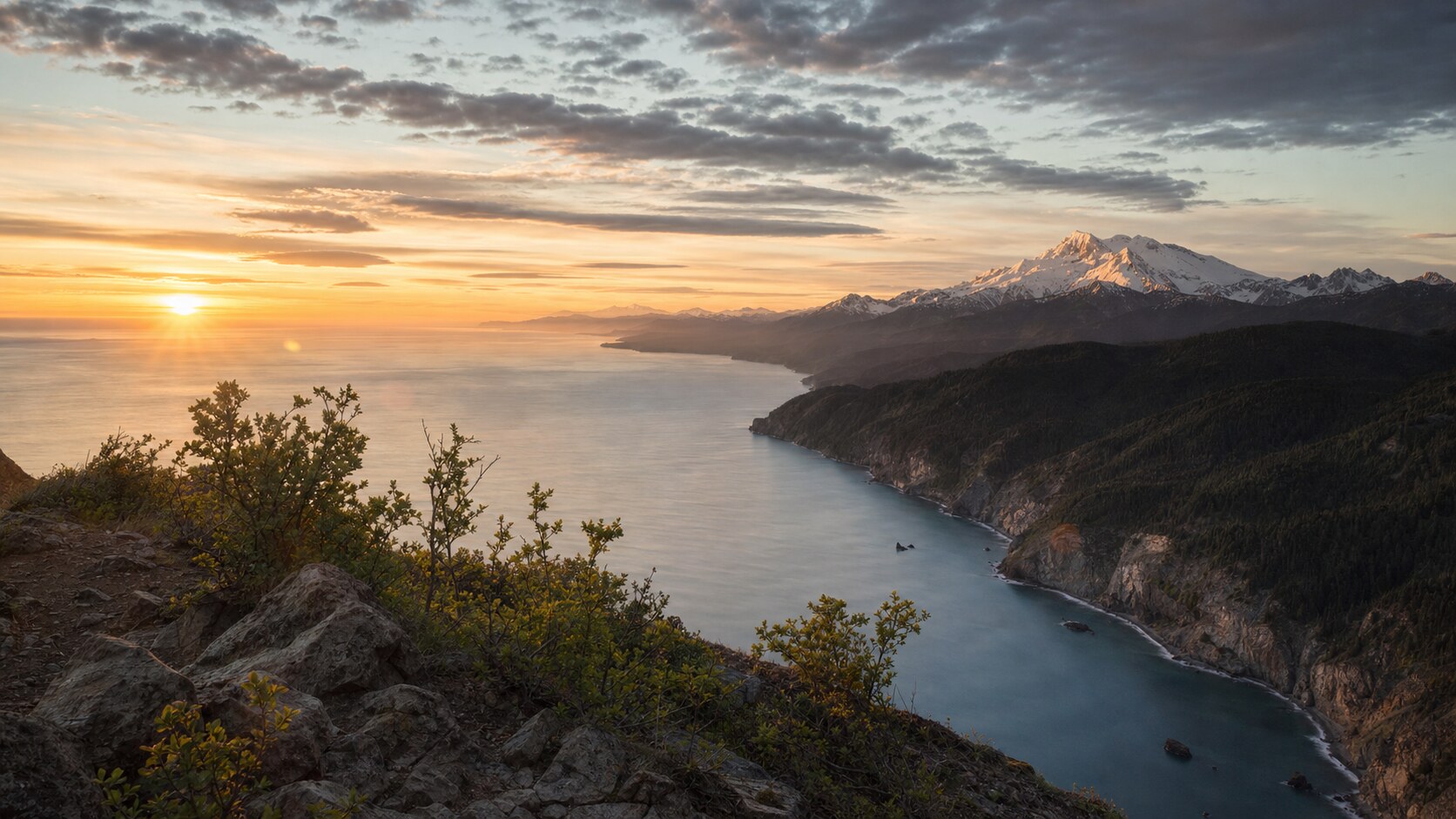 Sunrise landscape photograph at Olympic National Park from the most popular sunrise overlook, showing the signature foreground-to-background composition