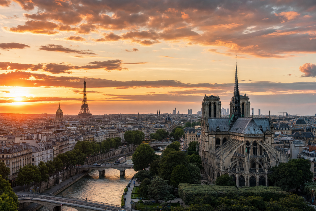 Paris skyline at golden hour with iconic landmarks in warm light