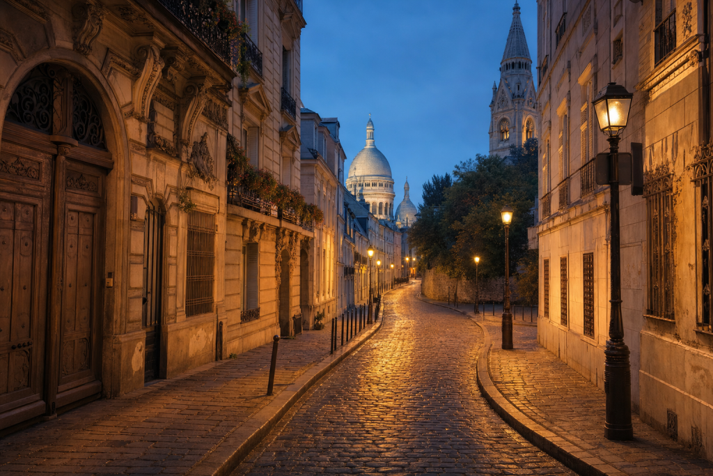 Paris street photography at blue hour with leading lines and architectural detail