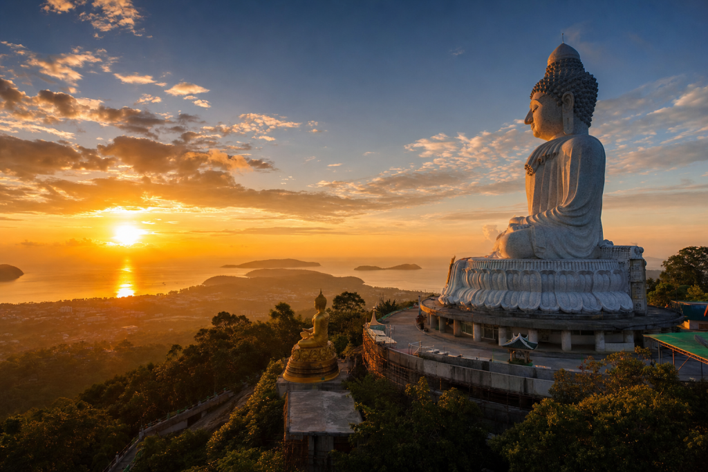 Phuket skyline at golden hour with iconic landmarks in warm light