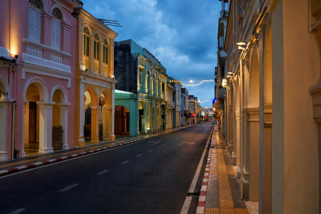 Phuket street photography at blue hour with leading lines and architectural detail