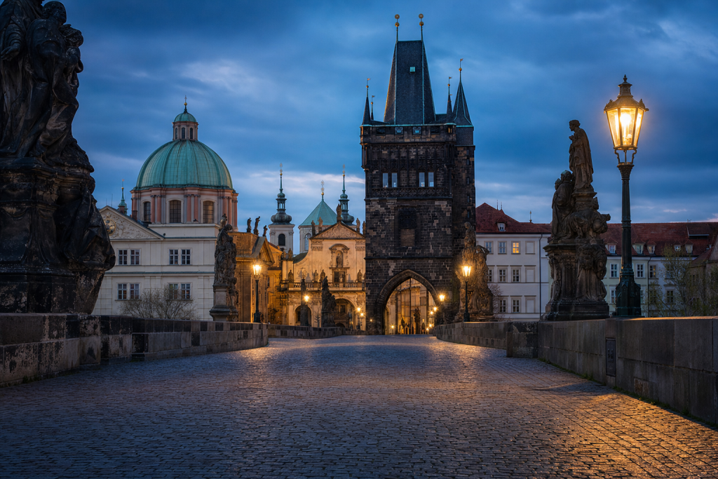Prague street photography at blue hour with leading lines and architectural detail