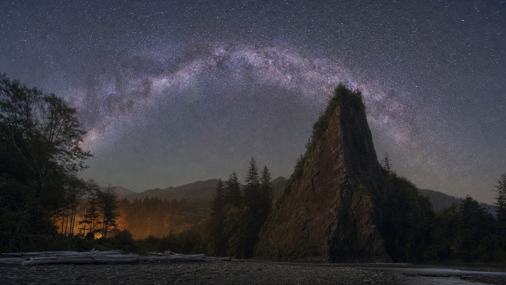 Milky Way and night sky over the iconic landmark of Redwood National Park — a classic astrophotography composition for the park