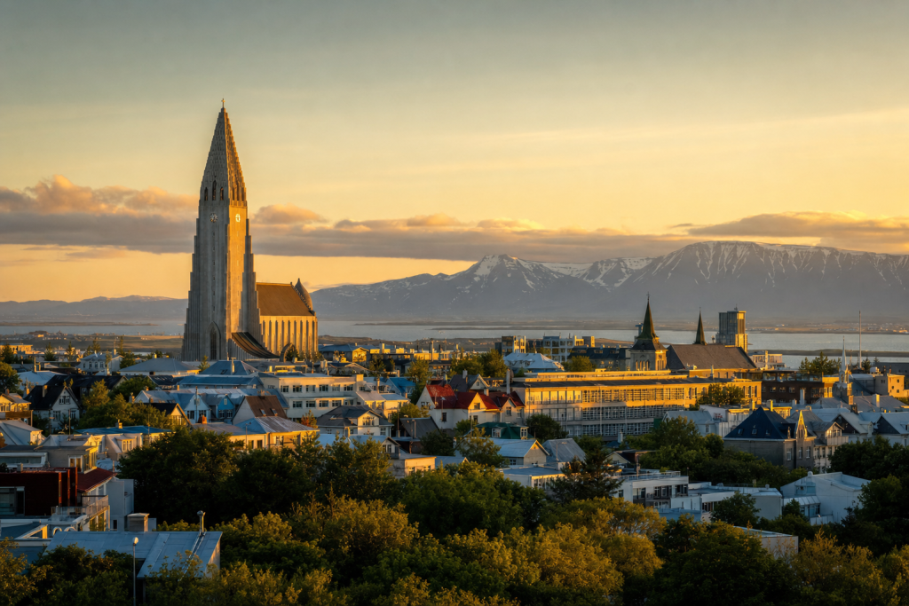 Reykjavik skyline at golden hour with iconic landmarks in warm light