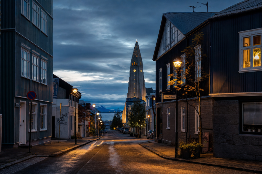 Reykjavik street photography at blue hour with leading lines and architectural detail