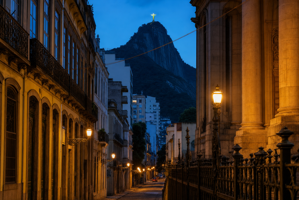 Street-level perspective in Rio de Janeiro, leading lines, architectural detail, blue hour with mixed ambient and street