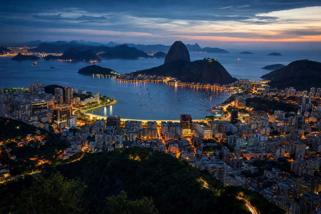 Atmospheric high-vantage view of Rio de Janeiro during blue hour, glowing city lights, subtle motion blur in traffic
