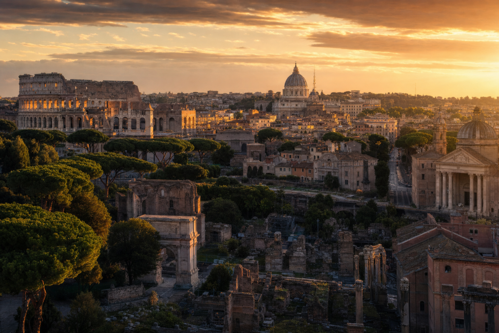Rome skyline at golden hour with iconic landmarks in warm light