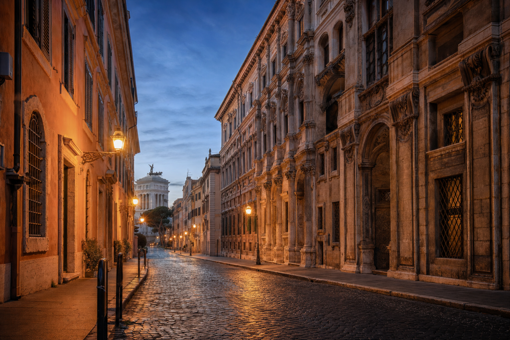 Rome street photography at blue hour with leading lines and architectural detail