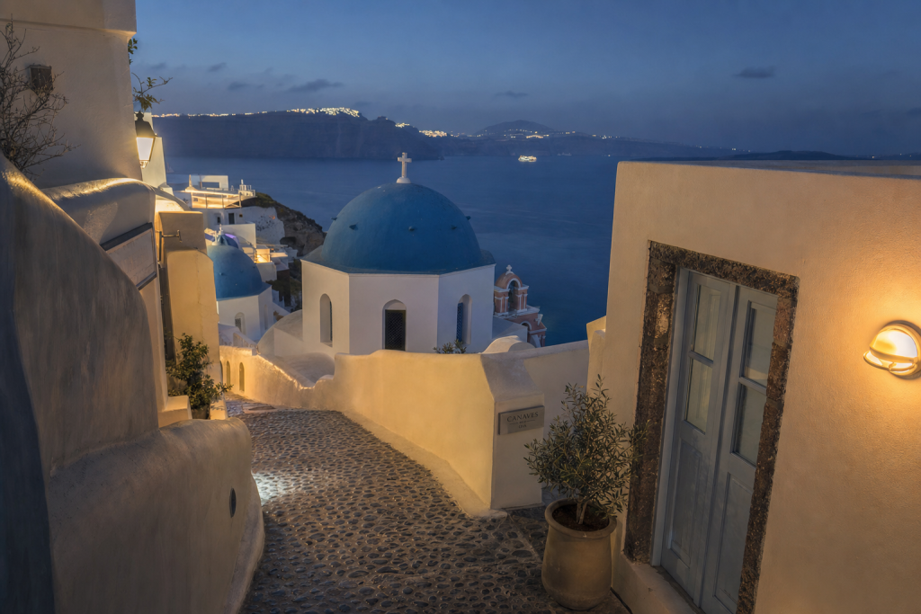 Santorini street photography at blue hour with leading lines and architectural detail