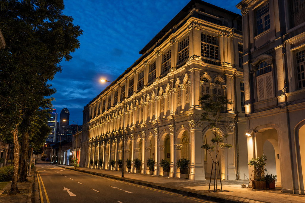 Singapore street photography at blue hour with leading lines and architectural detail