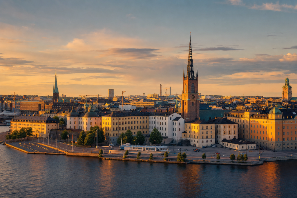 Stockholm skyline at golden hour with iconic landmarks in warm light