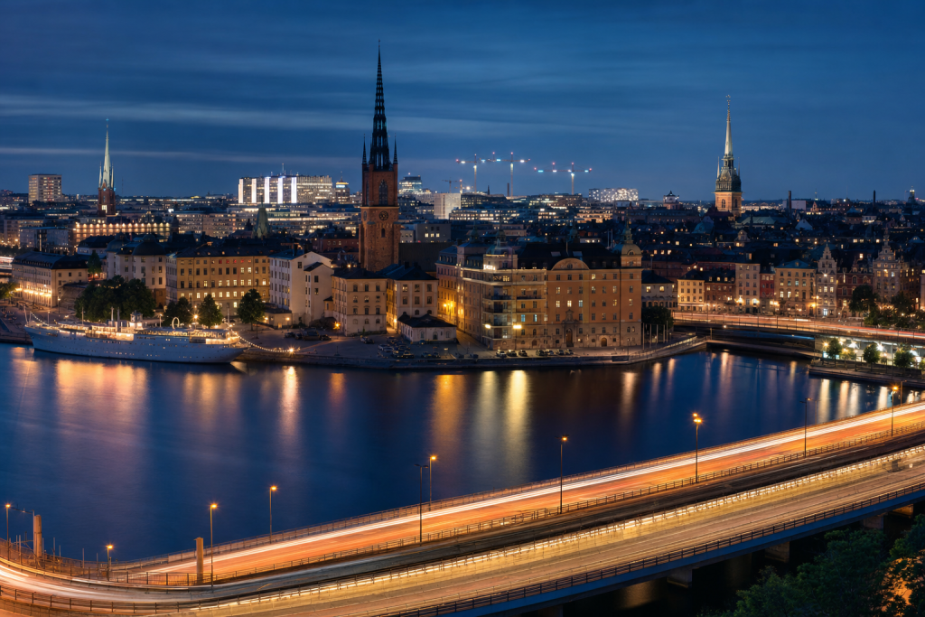 Stockholm high-vantage cityscape at blue hour with city lights and traffic motion
