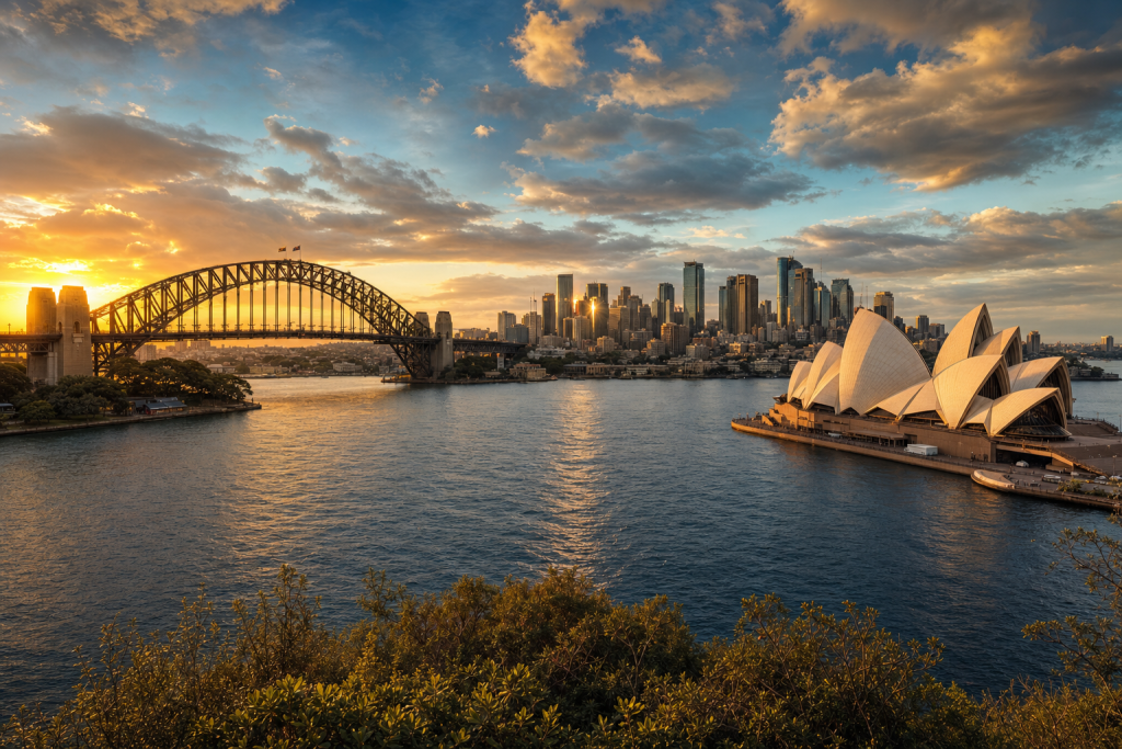 Sydney skyline at golden hour with iconic landmarks in warm light
