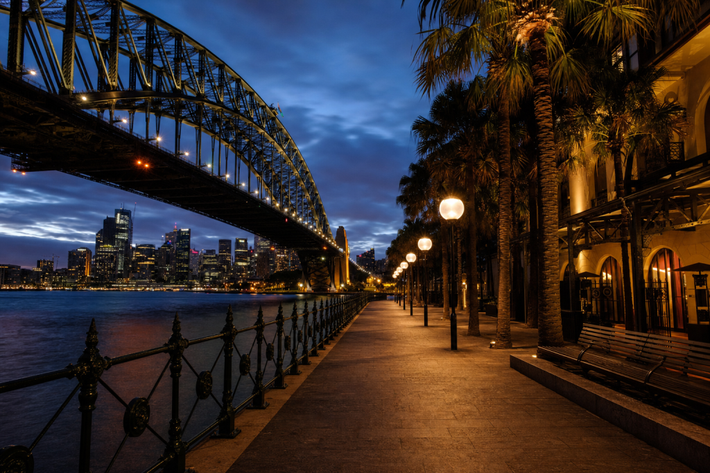 Sydney street photography at blue hour with leading lines and architectural detail