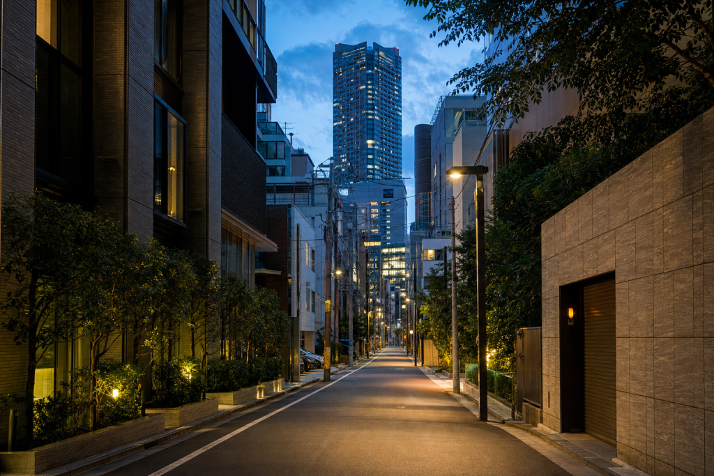 Tokyo street photography at blue hour with leading lines and architectural detail