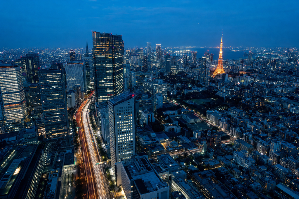Tokyo high-vantage cityscape at blue hour with city lights and traffic motion