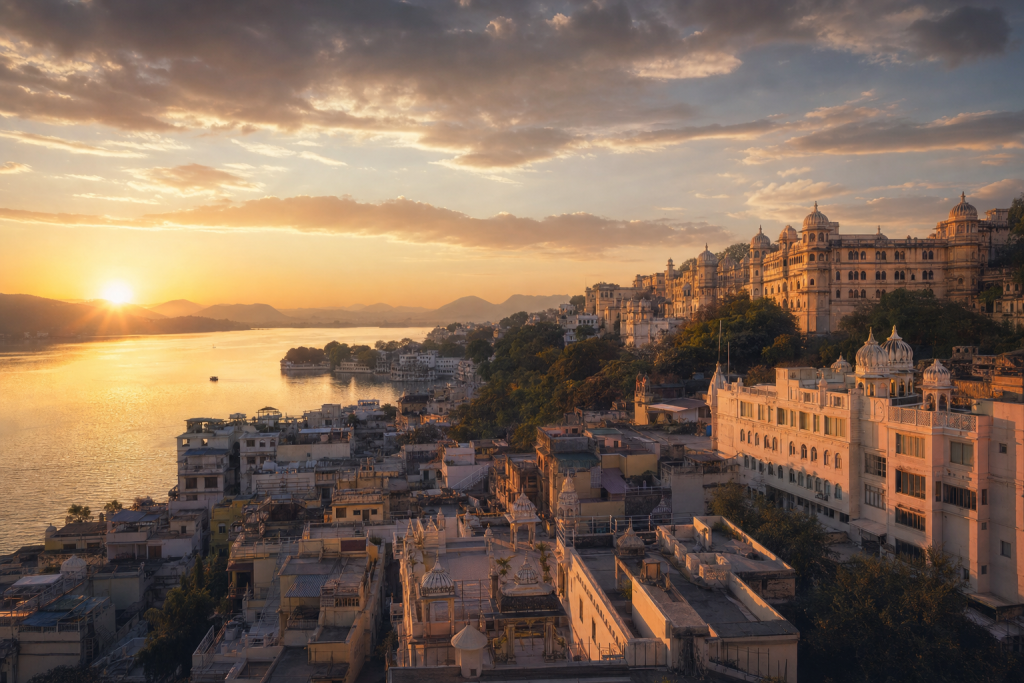 Udaipur skyline at golden hour with iconic landmarks in warm light