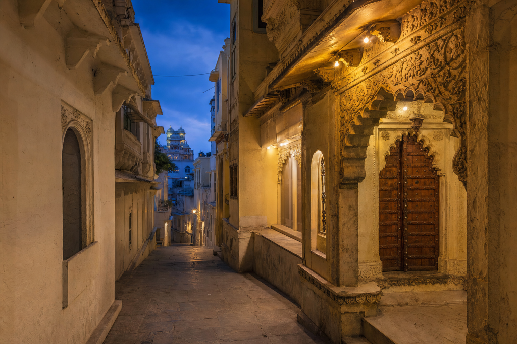 Udaipur street photography at blue hour with leading lines and architectural detail