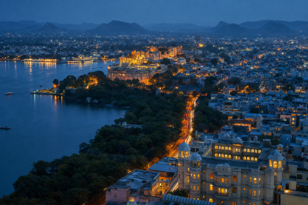 Udaipur high-vantage cityscape at blue hour with city lights and traffic motion