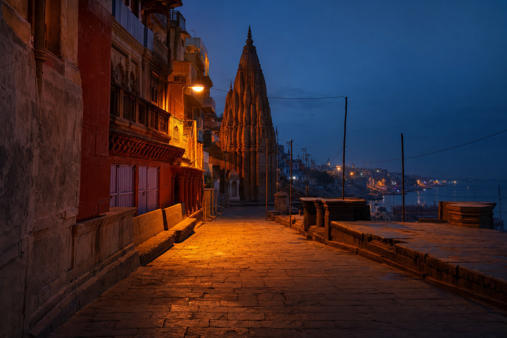 Varanasi street photography at blue hour with leading lines and architectural detail