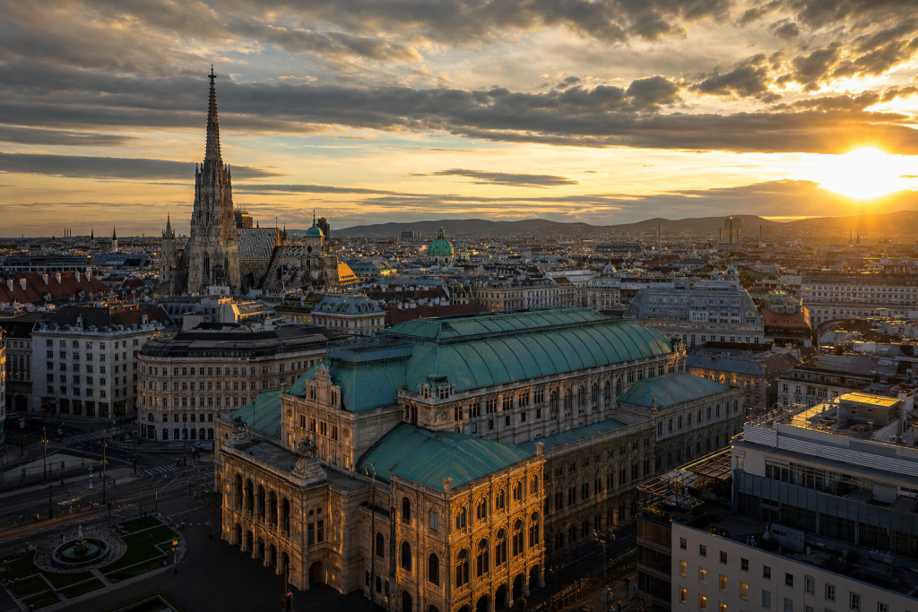 Vienna skyline at golden hour with iconic landmarks in warm light