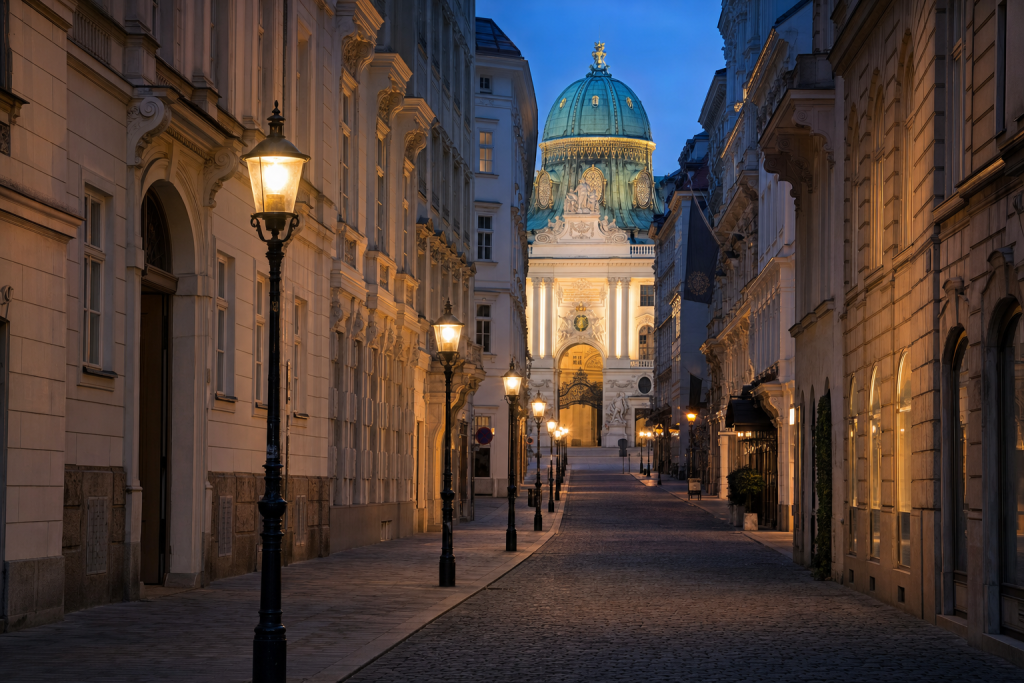 Vienna street photography at blue hour with leading lines and architectural detail