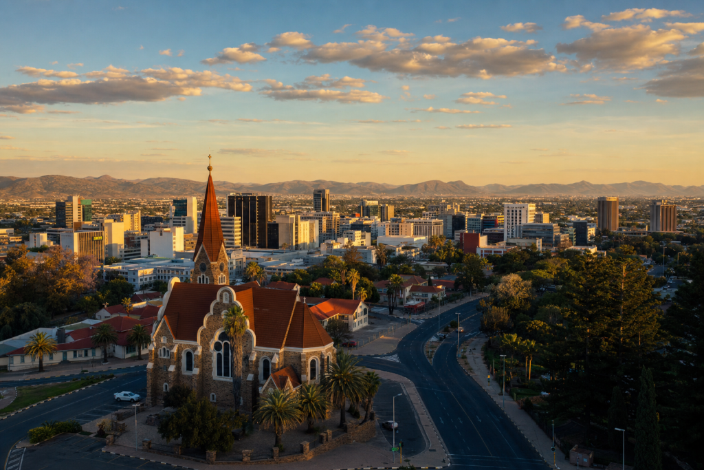 Windhoek skyline at golden hour with iconic landmarks in warm light