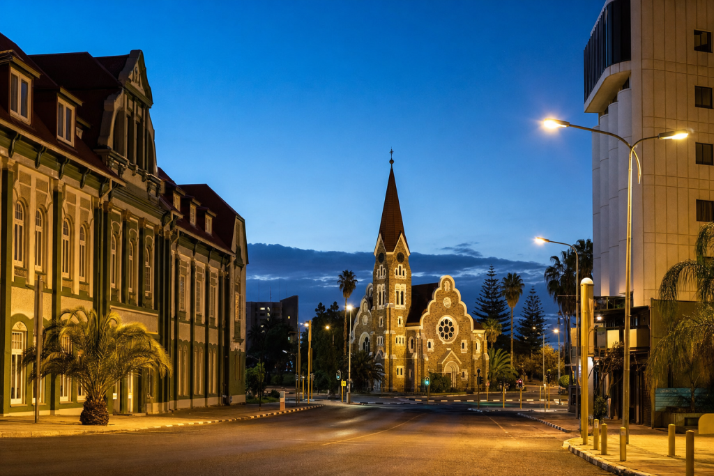 Windhoek street photography at blue hour with leading lines and architectural detail