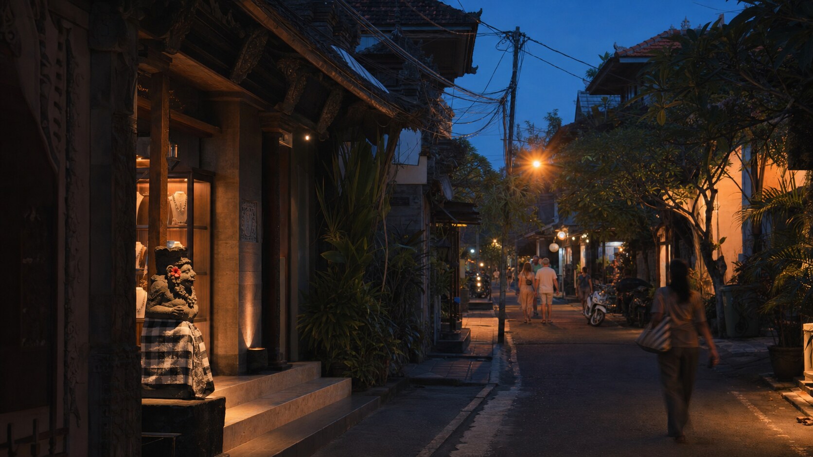 Blue hour street photography scene in Bali during a guided photography tour, showing the kind of low-light composition tour photographers cover