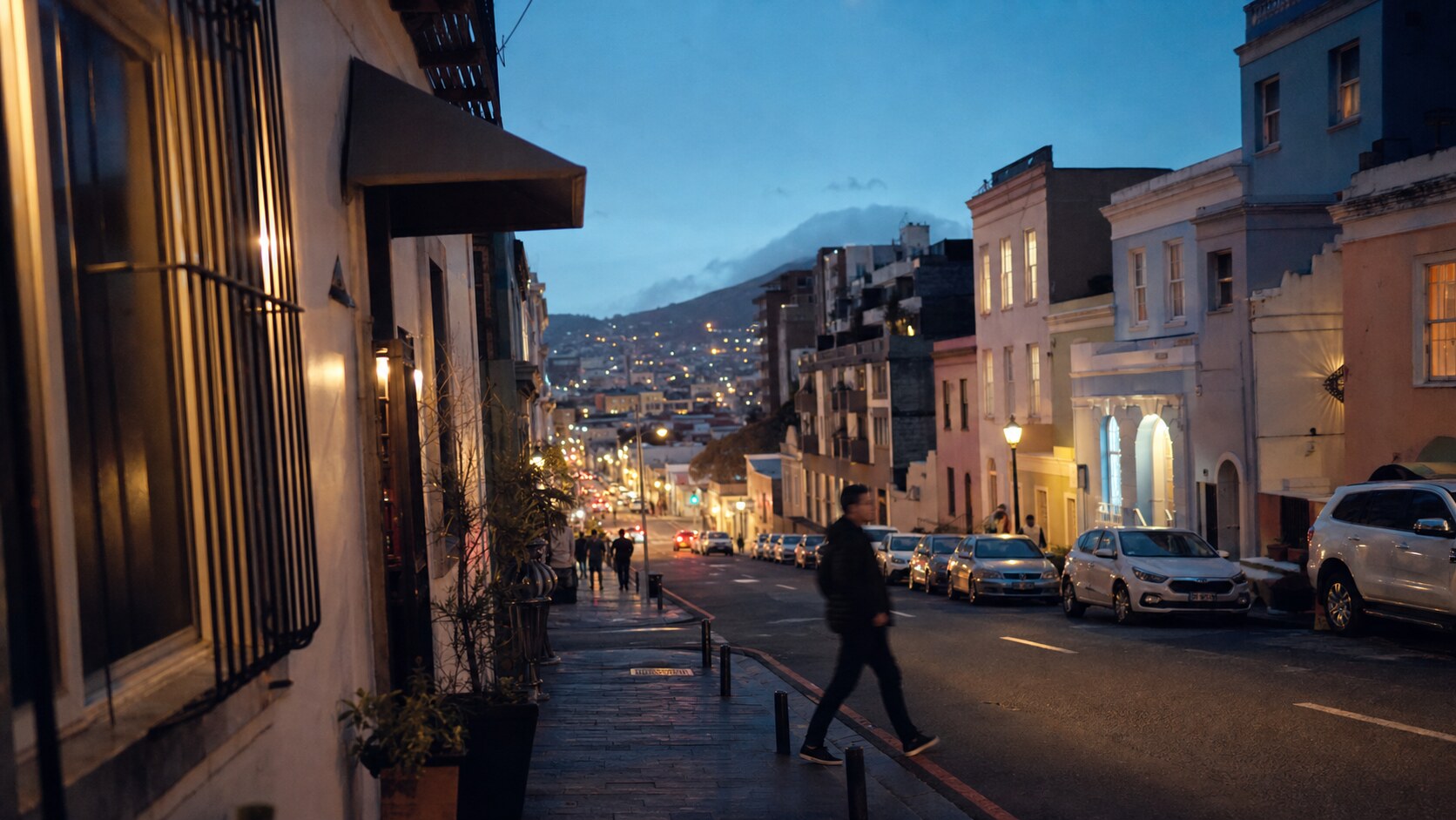 Blue hour street photography scene in Cape Town during a guided photography tour, showing the kind of low-light composition tour photographers cover