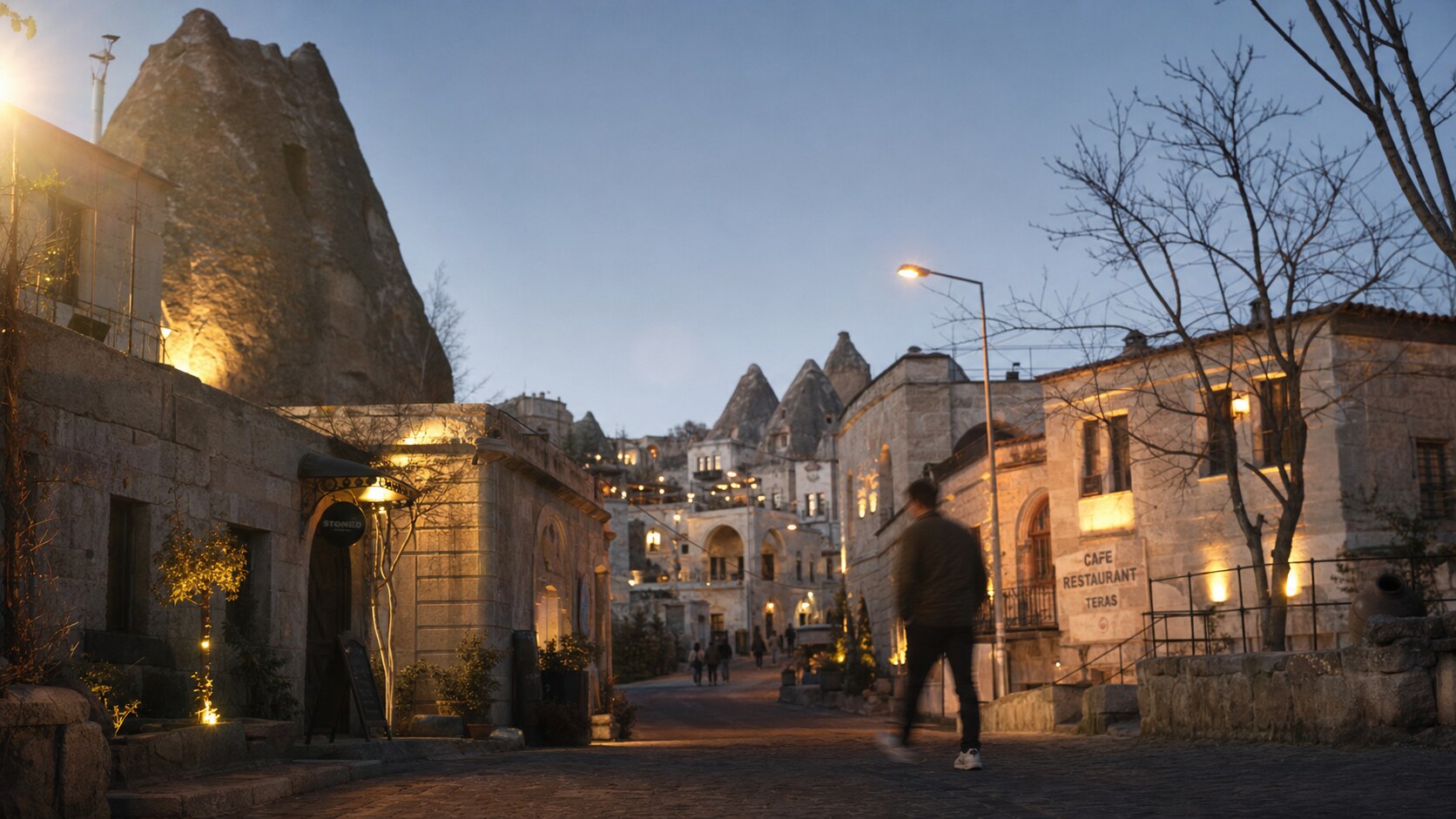 Blue hour street photography scene in Cappadocia during a guided photography tour, showing the kind of low-light composition tour photographers cover