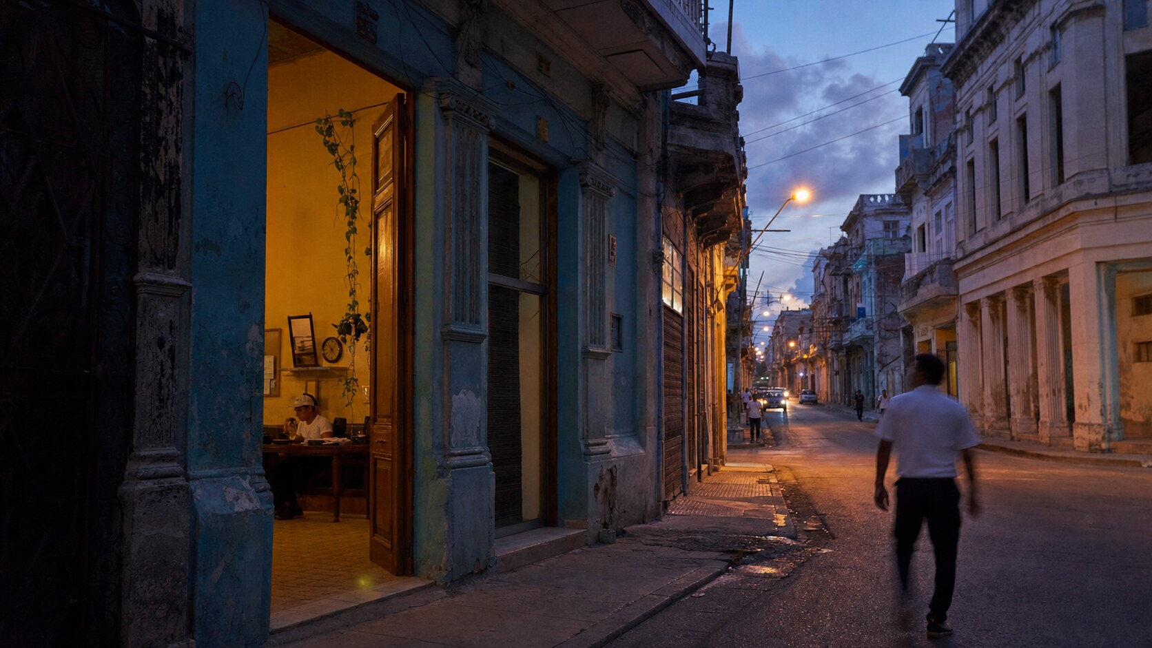 Blue hour street photography scene in Cuba during a guided photography tour, showing the kind of low-light composition tour photographers cover