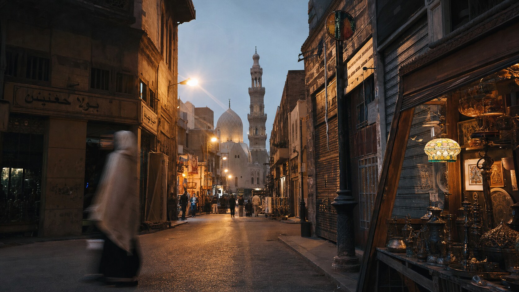 Blue hour street photography scene in Egypt during a guided photography tour, showing the kind of low-light composition tour photographers cover